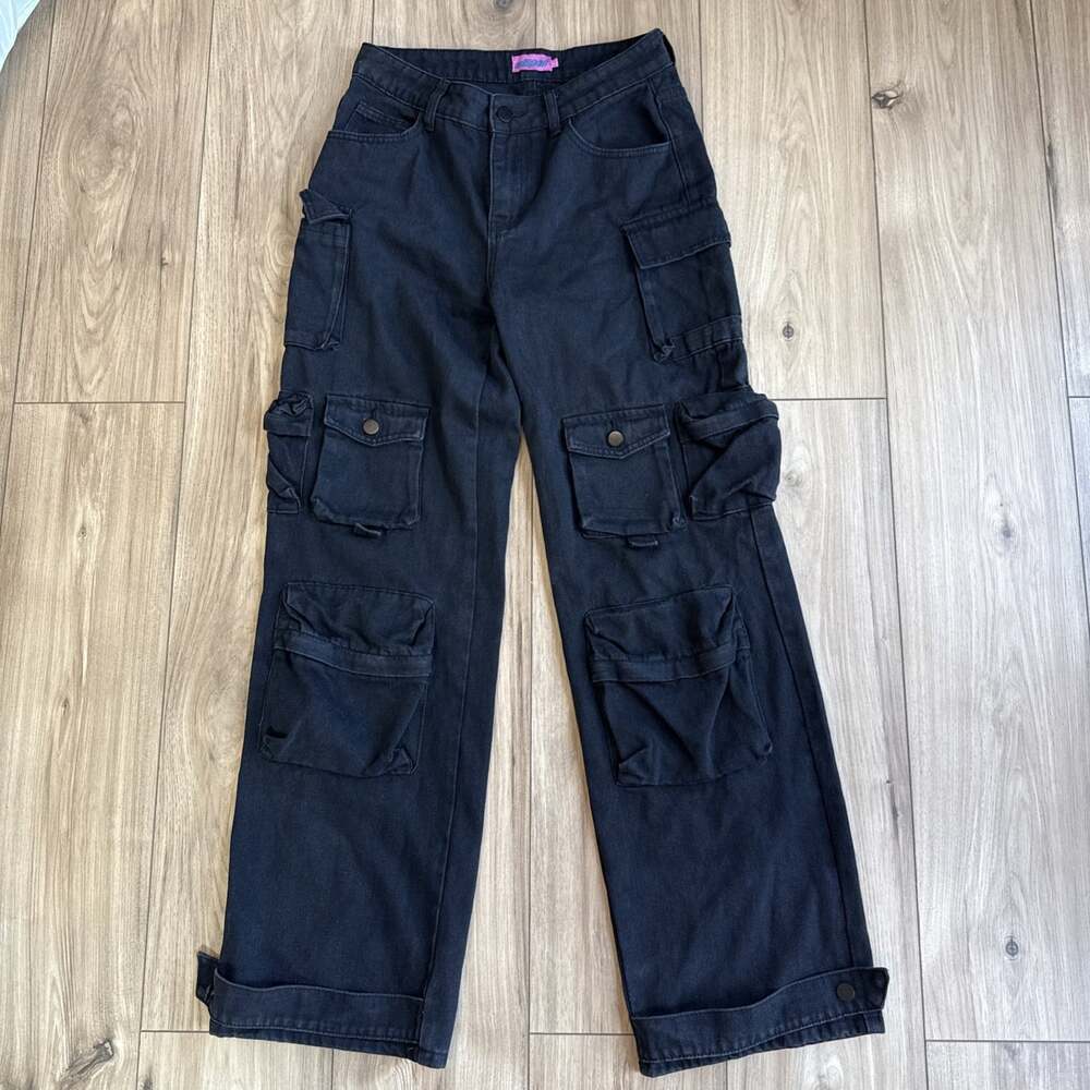 Y2K Edikted Denim Cargo Jeans Womens Sz S Black Baggy Wide (28x31) oversized